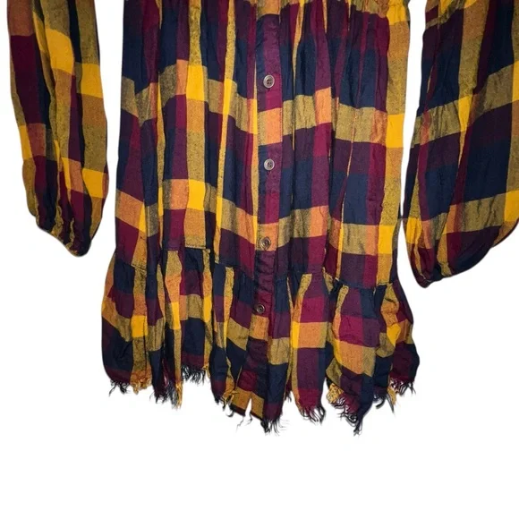 Boho Multicolored Plaid Fringe Bottom-Button Front-Mini Dress - Picture 5 of 7